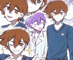  2boys bailan1130 blue_sweater bright_pupils brown_eyes brown_hair closed_eyes closed_mouth collarbone dual_persona hero_(faraway)_(omori) hero_(headspace)_(omori) hero_(omori) highres long_sleeves looking_at_viewer male_focus multiple_boys omori open_mouth pajamas purple_hair short_hair sweater teeth upper_teeth_only white_pupils 