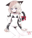  1girl absurdres animal_ears artist_request bikini black_bikini black_jacket blonde_hair blue_eyes blush cat_ears cat_tail commission hands_up highres jacket kneehighs long_hair long_sleeves looking_at_viewer multicolored_jacket navel off_shoulder open_clothes open_jacket original parted_lips pointy_ears second-party_source simple_background sitting socks solo stomach swimsuit tail twintails two-tone_jacket very_long_hair white_background white_jacket white_socks 