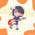  1girl ball_hands black_eyes black_hair blazer blue_jacket blue_sandals blue_skirt blush bright_pupils character_name chibi chibi_only collared_shirt commentary_request electric_guitar fender_telecaster fretless_guitar fretless_instrument full_body futsuu_no_keion-bu grid_background guitar guitar_strap hatono_chihiro holding holding_guitar holding_instrument instrument jacket kotori_yu0430 lapels long_sleeves neck_ribbon notched_lapels outline pleated_skirt red_ribbon ribbon sandals sanpaku school_uniform shirt side_ahoge skirt slides smile socks solo standing twitter_username v-shaped_eyebrows watermark white_outline white_pupils white_shirt white_socks wing_collar winter_uniform 