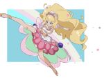  1girl anklet apron back_bow bare_legs bare_shoulders big_hair blonde_hair blue_background blue_eyes blueberry border bow bow_apron bridal_gauntlets brooch closed_mouth clothing_cutout collar cross-laced_clothes cross-laced_top cure_finale delicious_party_precure detached_collar determined eyelashes floating_clothes floating_hair food food-themed_clothes food_print frilled_footwear fruit fruit_print full_body green_bow hair_ornament hairband hat_ornament heart heart_brooch heart_hat_ornament highres jewelry kasai_amane kicking large_bow long_hair long_sleeves looking_ahead magical_girl miniskirt outside_border outstretched_leg petticoat pink_bow pink_skirt precure puffy_long_sleeves puffy_sleeves purple_brooch purple_sleeves purple_tiara rainbow ring shipu_(gassyumaron) shirt shoes shoulder_cutout signature skirt smirk solo star_(symbol) star_hair_ornament strawberry_print swept_bangs three-quarter_sleeves tiara train_(clothing) tsurime v-shaped_eyebrows very_long_hair waist_apron wavy_hair white_apron white_border white_bridal_gauntlets white_collar white_hairband white_shirt yellow_shoes 