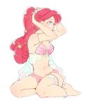  1girl adjusting_hair alternate_costume animification anklet ariel_(disney) bare_arms bare_legs bare_shoulders barefoot bead_anklet bead_armlet beads bikini blue_eyes breasts cleavage commentary_request eyelashes full_body hair_beads hair_ornament jewelry kneeling light_blush lipstick long_hair makeup medium_breasts mizuno_(iori-amu) navel nostrils parted_lips pink_bikini ponytail red_hair red_lips shell shell_bikini shell_hair_ornament simple_background solo starfish_hair_ornament stomach swimsuit the_little_mermaid_(disney) white_background 