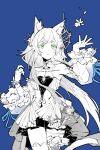  1girl animal_ear_fluff animal_ears arknights bare_shoulders blue_background blue_ribbon chinese_commentary commentary_request cowboy_shot dress fingernails flower green_eyes halter_dress halterneck highres jewelry long_hair looking_up multiple_rings parted_lips partial_commentary partially_colored petals piaoliu_ping_ping_ping_pingzi ribbon ring rosmontis_(arknights) simple_background solo standing tail thighhighs 