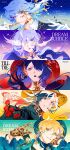 2girls 3boys absurdres acheron_(honkai:_star_rail) aqua_background aventurine_(honkai:_star_rail) beak bird birdcage black_choker black_gloves black_hair black_hat black_jacket black_lips blonde_hair blue_background blue_eyes blue_gemstone blue_hair blue_shirt boothill_(honkai:_star_rail) bracelet braid brother_and_sister brown_gloves bullet bullet_in_mouth cage card choker collared_shirt covering_own_mouth cowboy_hat dove earclip earrings english_commentary english_text feathered_wings floating_hair flower gem gloves gold_bracelet gold_choker gold_earrings gold_trim gradient_background hair_between_eyes hair_bun hair_flower hair_ornament hair_over_one_eye hand_on_own_face hands_up hat head_wings highres holding holding_card holding_stick honkai:_star_rail honkai_(series) jacket jewel_under_eye jewelry long_hair long_sleeves looking_at_viewer looking_to_the_side moon_phases multicolored_eyes multicolored_hair multiple_boys multiple_girls orange_background petals piercing pink_background pink_hair playing_card puffy_long_sleeves puffy_sleeves purple_background purple_eyes purple_hair red_background red_eyes red_flower red_hair red_lips red_rose robin_(honkai:_star_rail) rose saskeboom sharp_teeth shirt short_hair siblings smile sparkle stick sun_ornament sunday_(honkai:_star_rail) teeth two-tone_background upper_body white_background white_gloves white_hair white_shirt wing_piercing wings yellow_background yellow_eyes 