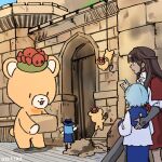  1boy 2girls asha_in_erinn brick castle cowenna dress eochaid_(mabinogi) lorna mabinogi multiple_girls outdoors red_dress robe stuffed_animal stuffed_toy teddy_bear 