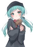  1girl :t absurdres aqua_eyes aqua_hair aqua_nails black_robe commentary_request crossed_arms flat_chest from_below gavel hat hatsune_miku highres holding holding_mallet judge long_hair looking_at_viewer mallet neck_ribbon pout red_ribbon ren&#039;ai_saiban_(vocaloid) ribbon robe ryaru_ryaru solo swept_bangs twintails upper_body v-shaped_eyebrows vocaloid wide_sleeves 