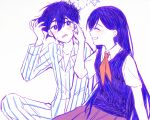  1boy 1girl bailan1130 blush bright_pupils closed_eyes collarbone collared_shirt colored_skin grin hero_(headspace)_(omori) hero_(omori) highres long_hair long_sleeves looking_at_another mari_(headspace)_(omori) mari_(omori) neckerchief omori open_mouth pajamas parted_lips pleated_skirt purple_eyes purple_hair red_neckerchief red_skirt shirt short_hair short_sleeves simple_background sitting skirt smile white_background white_pupils white_shirt white_skin 