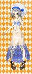  1girl argyle_background argyle_clothes argyle_dress blue_eyes blue_nails blush brown_sandals closed_mouth commentary_request dress fingernails flat_chest full_body grey_hair hat looking_at_viewer meiko_(nattu303) orange_background platform_sandals pointy_ears ragnarok_online sandals see-through_clothes see-through_dress short_hair side_slit sleeveless sleeveless_dress solo sorcerer_(ragnarok_online) tam_(ragnarok_online) toenails white_hat 
