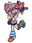  1girl :3 absurdres bag bandaid bandaid_on_face bandaid_on_nose black_leg_warmers black_outline black_shorts blue_arm_warmers blue_shoes bracelet commentary decora drill_hair english_commentary fang fingerless_gloves food full_body gloves grey_shirt hair_ornament hairclip highres ice_cream jewelry kasane_teto leg_up leg_warmers long_hair looking_at_viewer mismatched_arm_warmers open_mouth orange_shoes outline pink_gloves pizza pizza_slice plaid_clothes plaid_skirt red_eyes red_hair sayonarabyebye shirt shoes shorts shorts_under_skirt shoulder_bag skirt solo sticker_on_arm sticker_on_face sticker_on_leg striped_leg_warmers tongue twin_drills twitter_username utau visor_cap yellow_arm_warmers 
