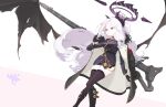  1girl ahoge armband black_coat black_halo black_skirt black_thighhighs blue_archive breasts coat coat_on_shoulders demon_girl demon_horns demon_wings denchi5 gehenna_academy_logo gun halo hina_(blue_archive) holding holding_gun holding_weapon horns long_hair looking_at_another machine_gun mg42 purple_eyes red_armband simple_background skirt small_breasts solo thighhighs weapon white_hair wings 