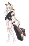  1girl absurdres animal_ears armband artist_request bandaid_on_thigh black_hat black_jacket blonde_hair blue_eyes cat_ears cat_tail commission fake_animal_ears from_side full_body grin hat highres holding holding_unworn_clothes holding_unworn_hat jacket long_hair long_sleeves looking_at_viewer multicolored_jacket no_shoes original pointy_ears red_armband second-party_source simple_background smile solo standing tail thighhighs twintails two-tone_jacket unworn_hat unworn_headwear very_long_hair white_background white_jacket white_thighhighs 