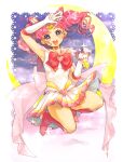  1girl 58_(scbaby) bishoujo_senshi_sailor_moon boots border bow chibi_usa crescent_moon eyelashes floating full_body gloves leotard looking_at_viewer magical_girl moon open_mouth pink_boots pleated_skirt red_bow sailor_senshi_uniform skirt solo sparkle twintails white_border white_gloves white_leotard 