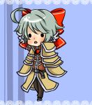  1boy ahoge belt black_belt black_shoes blue_background border bow brown_cape brown_pants brown_shirt cape chibi chibi_only commentary_request full_body green_hair hair_bow lace lace_border looking_at_viewer male_focus meiko_(nattu303) open_mouth ornate_border pants ragnarok_online red_bow sage_(ragnarok_online) shirt shoes short_hair solid_circle_eyes solo standing waist_cape 