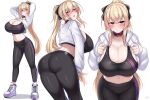  1girl arms_up ass black_sports_bra blonde_hair blush breasts cleavage collar commentary_request cropped_jacket from_behind hair_between_eyes highres huge_breasts jacket kubiwa_(kutan) kutan long_hair looking_at_viewer multiple_views navel open_clothes open_jacket original pants partial_commentary ponytail red_collar red_eyes sports_bra sportswear white_background yoga_pants 