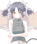  1girl arm_under_breasts black_hair blush breasts cable_knit closed_mouth clothes_lift demon_girl demon_horns demon_tail expressionless highres horns islandz kojo_anna kojo_anna_(3rd_costume) looking_at_viewer medium_breasts multicolored_hair nanashi_inc. out-of-frame_censoring pillow pointy_ears purple_hair ribbed_sweater short_hair sideboob solo sweater sweater_lift tail turtleneck turtleneck_sweater two-tone_hair upper_body virgin_killer_sweater virtual_youtuber yellow_eyes 