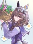  1girl animal_ears blush_stickers bow bowtie braid brown_hair closed_mouth curren_bouquetd&#039;or_(umamusume) ear_covers flower hairband hanging_plant horse_ears horse_girl horse_tail long_hair looking_at_viewer looking_to_the_side purple_shirt purple_skirt sailor_collar school_uniform shirt skirt smile solo tail tracen_school_uniform twin_braids umamusume upper_body welchino 