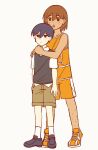  2boys absurdres antenna_hair bailan1130 black_eyes black_hair black_shoes black_sweater_vest bright_pupils brown_hair brown_shorts closed_mouth collarbone collared_shirt dark-skinned_male dark_skin full_body highres hug hug_from_behind kel_(faraway)_(omori) kel_(omori) loafers male_focus multiple_boys omori open_mouth orange_shoes orange_shorts shirt shoes short_hair short_sleeves shorts simple_background sneakers socks sunny_(omori) sweater_vest teeth upper_teeth_only white_background white_pupils white_shirt white_socks 