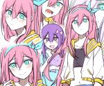  +_+ 2girls aubrey_(faraway)_(omori) aubrey_(headspace)_(omori) aubrey_(omori) bailan1130 blue_eyes blue_hairband blue_shirt blush bow closed_mouth collarbone crop_top dual_persona hair_bow hairband highres holding holding_stuffed_toy jacket long_hair long_shirt looking_at_viewer lower_teeth_only mr._plantegg_(omori) multiple_girls omori open_mouth pink_bow pink_hair purple_eyes purple_hair shirt short_sleeves stuffed_eggplant stuffed_toy t-shirt teeth white_jacket 