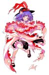  1girl alphes_(style) ascot black_hat black_shoes black_skirt blush capelet closed_eyes collared_shirt commentary_request dairi defeat frilled_capelet frilled_shawl frills full_body hagoromo hat hat_ribbon highres large_variant_set long_skirt long_sleeves medium_hair nagae_iku open_mouth parody purple_hair red_ascot ribbon shawl shirt shoes skirt solo style_parody tachi-e torn_clothes touhou transparent_background variant_set white_shirt 