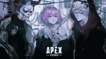  1girl 2boys absurdres apex_legends arisakaaa_(crazy_raccoon) black_horns black_jacket black_shirt bra_strap cable closed_mouth collarbone commentary_request cool_colored copyright_name crazy_raccoon daruma_is_god demon_horns drawstring earrings gold_necklace graffiti grey_eyes grey_hair hair_between_eyes hair_ornament hairclip highres hood hood_up hoodie hoop_earrings horns indie_utaite indoors jacket jacket_over_hoodie jacket_partially_removed jewelry letterman_jacket lipstick long_sleeves looking_at_viewer makeup mano_aaa mask multiple_boys necklace nqrse open_clothes open_jacket parallel_hairclips pink_eyes pink_hair pink_lips red_hair red_hoodie shirt short_hair single-shoulder_shirt single_bare_shoulder skull_necklace t-shirt upper_body utaite white_shirt white_sleeves wire 