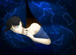  1boy alternate_universe black_hair blanket blue_eyes constellation constellation_print covering_with_blanket curtains danny_fenton danny_phantom danny_phantom_kindred_au english_commentary male_focus nickelodeon non-web_source pale_skin solo 