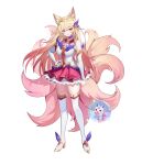  1girl absurdres ahri_(league_of_legends) animal_ears blonde_hair elbow_gloves fingerless_gloves fox_ears fox_girl fox_tail gem gloves hair_ornament hand_on_own_hip highres league_of_legends magical_girl mascot pelicana pink_gemstone smile sparkle star_guardian_(league_of_legends) tail thighhighs white_thighhighs 