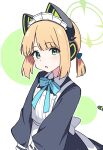  1girl animal_ear_headphones animal_ears apron aqua_bow aqua_bowtie back_bow black_dress blonde_hair blue_archive blush bow bowtie cat_ear_headphones cat_ears cat_tail collared_dress commentary contrast_collar dress fake_animal_ears fake_tail frilled_apron frills green_background green_bow green_eyes green_halo hair_bow halo hayoo_ww headphones highres long_sleeves looking_at_viewer maid maid_apron maid_headdress midori_(blue_archive) midori_(maid)_(blue_archive) official_alternate_costume official_alternate_hairstyle outline parted_bangs parted_lips ponytail puffy_long_sleeves puffy_sleeves short_hair short_ponytail sidelocks simple_background solo tail two-tone_background upper_body v_arms white_apron white_background white_bow white_headdress white_outline 