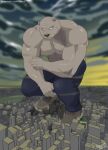 abs anthro bear beastars big_muscles bottomwear brown_body city clothed clothing cloud crouching detailed_background footwear hi_res horizon jabuhusky looking_down macro male mammal muscular muscular_anthro muscular_arms muscular_male pants pecs riz_(beastars) scar shoes solo topless