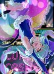  1girl animal_ear_fluff animal_ears aqua_hair arm_behind_head arm_up armpits bare_shoulders blue_gloves blue_hat blue_shirt blue_sleeves blue_theme braid brooch buttons cat_ears cat_girl cat_tail character_name circle_skirt collared_shirt copyright_name cowboy_shot cure_cosmo detached_sleeves earrings eyelashes floating_clothes floating_hair fur-trimmed_skirt fur-trimmed_sleeves fur-trimmed_thighhighs fur_trim gloves gold_earrings happy hat highres holding holding_staff jewelry light_particles long_hair long_sleeves low_twin_braids magical_girl mini_hat mini_top_hat miniskirt multicolored_hair multicolored_skirt night open_mouth outdoors pink_hair precure rainbow_skirt shipu_(gassyumaron) shirt skirt skyline sleeveless sleeveless_shirt smile solo staff star_twinkle_precure streaked_hair tail tail_ornament tail_ring teeth thighhighs top_hat triangle_earrings twin_braids two-tone_hair upper_teeth_only upside-down very_long_hair yellow_eyes yuni_(precure) 