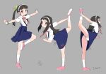  1girl black_hair grey_background hachikuji_mayoi itoma_mahimahi long_hair monogatari_(series) panties school_uniform simple_background skirt standing standing_on_one_leg twintails underwear white_panties 