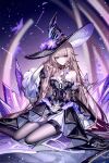  1girl artist_name ascot bare_shoulders black_choker black_dress black_hat brown_hair choker detached_sleeves dress grey_pantyhose hand_in_own_hair hat herta_(honkai:_star_rail) highres honkai:_star_rail honkai_(series) key long_hair long_sleeves looking_at_viewer pantyhose purple_eyes revision sheya signature sitting smile solo strapless strapless_dress the_herta_(honkai:_star_rail) very_long_hair white_ascot witch_hat 