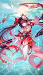  1girl air_bubble artist_name bare_legs barefoot bell black_choker black_hair black_sash breasts bubble chest_tattoo choker cleavage detached_sleeves dress facial_mark grin highres honkai:_star_rail honkai_(series) jingle_bell long_hair looking_at_viewer mark_under_eye mask mask_on_head medium_breasts nail_polish neck_bell obi one_eye_closed pink_eyes red_nails revision sash sheya short_dress short_sleeves signature smile solo sparkle_(honkai:_star_rail) tattoo thighs underwater very_long_hair 