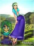  1girl belt blue_shirt blue_sky brown_belt brown_shoes buttons caroline_(stardew_valley) day green_eyes green_hair highres nature pixels purple_skirt shirt shoes short_hair skirt sky solo stardew_valley sun tea 