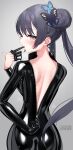  1girl absurdres alternate_costume back_zipper black_bodysuit black_gloves black_hair blue_archive bodysuit braid braided_bun breasts butterfly_hair_ornament double_bun from_behind gloves grey_eyes hair_bun hair_ornament highres impossible_bodysuit impossible_clothes kisaki_(blue_archive) latex latex_bodysuit long_hair maguro27 partially_unzipped skin_tight small_breasts solo twintails unzipping very_long_hair zipper zipper_pull_tab 