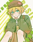  1boy absurdres bailan1130 basil_(birthday)_(omori) basil_(faraway)_(omori) basil_(omori) blonde_hair blue_eyes blush brown_hat character_name closed_mouth green_sweater hat highres long_sleeves looking_at_viewer male_focus official_alternate_costume omori shirt short_hair smile solo sweater white_shirt 
