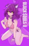 1girl animal_ear_fluff animal_ears bikini black_souls black_souls_2 blush breasts cat_ears cat_girl cat_tail cheshire_cat_(black_souls) cleavage closed_mouth collar cookyold curly_hair fang frilled_bikini frills hand_up highres long_hair looking_at_viewer navel pink_bikini purple_hair sitting skin_fang solo swimsuit tail wariza wrist_cuffs yellow_eyes zoom_layer 
