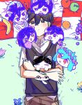  1boy animalization antenna_hair apple aubrey_(headspace)_(omori) aubrey_(omori) bailan1130 banana basil_(headspace)_(omori) basil_(omori) black_eyes black_hair black_sweater_vest blanket blush brown_shorts cat checkered_blanket closed_mouth collared_shirt dog food fruit grapes green_hair hero_(headspace)_(omori) hero_(omori) highres kel_(headspace)_(omori) kel_(omori) knife lying male_focus mari_(headspace)_(omori) mari_(omori) omori omori_(omori) on_back orange_(fruit) picnic_blanket purple_eyes purple_hair rabbit red_eyes shirt short_sleeves shorts solo sweater_vest white_shirt 