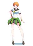 1girl :d absurdres bare_legs black_sailor_collar blush breasts brown_eyes brown_shoes clothes_around_waist collarbone commentary english_commentary eyelashes full_body green_jacket grey_skirt hand_on_own_hip highres jacket jacket_around_waist legs looking_at_viewer loose_socks master_sick_art miniskirt neckerchief open_mouth orange_hair persona persona_4 pleated_skirt print_skirt sailor_collar satonaka_chie school_uniform shoes short_hair short_sleeves simple_background skirt small_breasts smile socks solo white_background white_socks yasogami_school_uniform yellow_neckerchief 