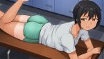  1girl barefoot bench black_hair brown_eyes dolphin_shorts feet_out_of_frame green_shorts hashi locker locker_room looking_at_viewer on_bench original shirt short_hair shorts solo t-shirt tan tanlines tomboy white_shirt 
