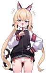 1girl absurdres animal_ears armband artist_request bandaid_on_thigh black_jacket blonde_hair blue_eyes cat_ears cat_tail commission cowboy_shot fake_animal_ears hand_on_own_hip hand_up highres jacket long_hair long_sleeves looking_at_viewer multicolored_jacket open_mouth original pointy_ears red_armband second-party_source simple_background smile solo tail thighhighs twintails two-tone_jacket very_long_hair white_background white_jacket white_thighhighs 