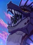 ambiguous_feral ambiguous_gender anthro blue_sky blue_tongue bodily_fluids brown_eyes cheek_frill clothed clothing dragon duo fangs feral forked_tongue frill_(anatomy) glistening glistening_eyes grey_body grey_scales head_crest head_frill hi_res in_mouth male male_anthro mouth_closed mouth_shot mythological_creature mythological_scalie mythology narrowed_eyes on_tongue open_mouth orange_sclera outside riorix saliva saliva_string scales scalie sharp_teeth sitting size_difference sky teeth tongue topless yellow_eyes