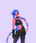  arcane:_league_of_legends arcane_jinx arm_tattoo artist_name bare_shoulders blue_hair braid choker cowboy_shot crop_top fingerless_gloves gloves highres itsbabypears jinx_(league_of_legends) league_of_legends long_hair looking_at_viewer midriff pants pink_background pink_eyes purple_hair simple_background smile stomach_tattoo striped_clothes striped_pants tattoo very_long_hair 