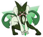 2025 3_toes 4_fingers alpha_channel anthro big_breasts breasts cel_shading colored crouching digital_media_(artwork) digitigrade dima_(artist) feet felid feline female fingers fur generation_9_pokemon geometric_background green_body green_fur hi_res humanoid_hands looking_at_viewer mammal medium_breasts meowscarada naturally_censored nintendo pink_eyes pink_nose pokemon pokemon_(species) shaded simple_background smile solo toes