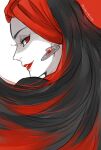  1girl animification artist_request black_hair commentary_request disneyland dress earrings farja from_side gloves jewelry lipstick long_sleeves makeup non-web_source red_gloves smile solo source_request upper_body 