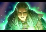  1boy :d armor black_border blue_background border brown_hair cape commentary_request dragon_quest dragon_quest_x fake_subtitles fur_shawl glowing green_eyes highres kuro11_222 letterboxed long_hair looking_at_viewer male_focus mature_male open_mouth padre_(dq10) parted_hair portrait purple_background scene_reference shawl smile solo translation_request 