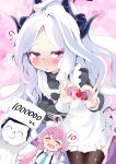  1boy 2girls apron black_thighhighs blue_archive blush demon_girl demon_horns demon_wings doodle_sensei_(blue_archive) halo heart heart_hands highres hina_(blue_archive) horns hoshino_(blue_archive) long_hair looking_at_viewer maid maid_apron maid_headdress multiple_girls pink_hair pink_halo purple_eyes school_uniform sensei_(blue_archive) shi_ecchi thighhighs white_hair wings 
