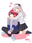  1boy 1girl black_boots black_hair black_hairband black_pants black_skirt blue_eyes blush boots closed_eyes commentary_request hairband heart hetero highres hood hoodie hug jacket kashimiya_karua kneeling long_hair long_sleeves mole mole_under_eye momo_(momo_2muco) multicolored_hair multiple_girls open_clothes open_jacket open_mouth own_hands_together pants parted_lips red_hair shoes simple_background sitting skirt sneakers streaked_hair sumino_takumi the_hundred_line_-last_defense_academy- white_hair white_hoodie white_jacket white_shoes 