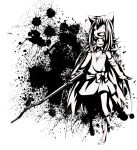  1girl alchemist_(ragnarok_online) animal_ears blood blood_splatter boots bow cape cat_ears cat_girl commentary_request crazy_eyes crazy_smile detached_sleeves dress flat_chest fold-over_boots full_body fur_collar greyscale high_contrast highres holding holding_lead_pipe lead_pipe long_hair meiko_(nattu303) monochrome open_mouth ragnarok_online sash simple_background smile solo strapless strapless_dress very_long_hair 