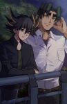  2boys absurdres against_railing aged_up arm_up belt black_hair black_jacket blue_eyes blue_sky brown_belt brown_eyes crossed_arms dress_shirt facial_mark facing_to_the_side forest fudo_yusei green_shirt grey_pants hair_slicked_back hand_in_own_hair hand_on_own_cheek hand_on_own_face hand_on_railing hand_up highres jacket leaf looking_at_viewer looking_down looking_to_the_side male_focus multiple_boys nature night night_sky open_clothes open_jacket outdoors pants parted_bangs popped_collar railing scar scar_across_eye scar_on_face shirt side-by-side sky smile spiked_hair star_(sky) sufaaa0427 thick_eyebrows tree ushio_tetsu white_shirt yu-gi-oh! yu-gi-oh!_5d&#039;s 