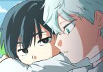 2boys alien_stage black_eyes black_hair choker commentary green_eyes grey_hair highres ivan_(alien_stage) looking_at_another male_focus multiple_boys oekakizukiyaro red_pupils short_hair till_(alien_stage) very_short_hair white_choker 