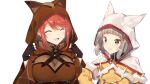  2girls animal_ear_hood blonde_hair bodysuit breasts brown_gloves brown_hood closed_eyes commentary_request disguised_pyra_(xenoblade) earrings fingerless_gloves gloves grey_hair hood hood_up jewelry large_breasts multiple_girls nia_(xenoblade) open_mouth parted_lips pyra_(xenoblade) red_hair red_trim sidelocks simple_background smile swept_bangs upper_body white_background white_hood xenoblade_chronicles_(series) xenoblade_chronicles_2 yappen yellow_bodysuit 